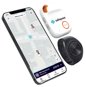 The Safepoint product range, showing safety app, bluetooth wearable and sim based lone worker device