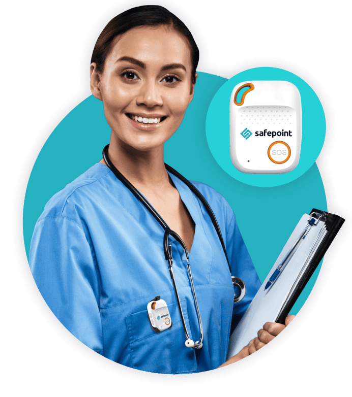 A nurse wearing the Safepoint lone worker device clipped to their pocket.